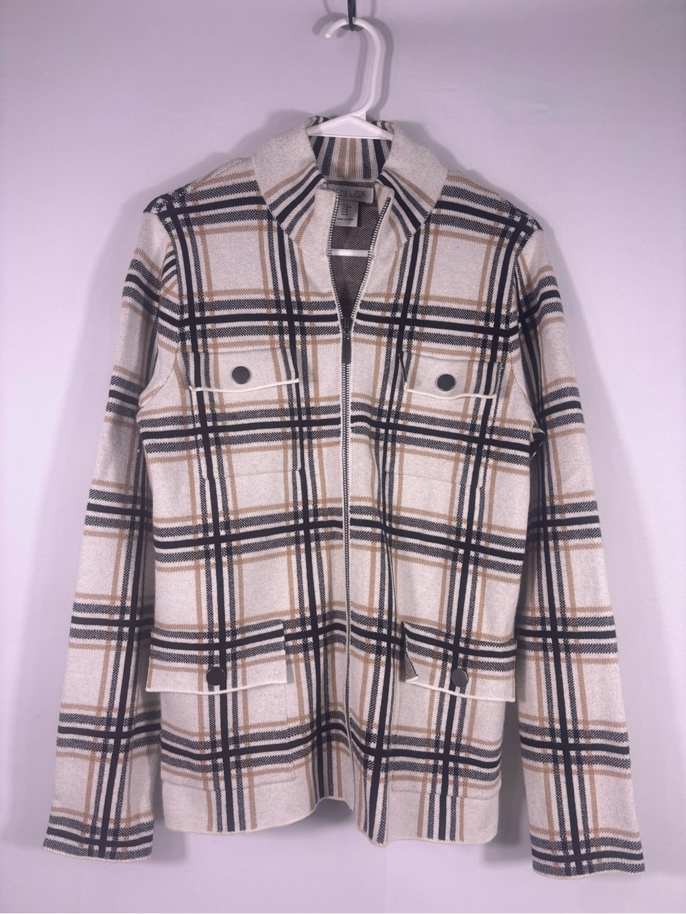 Rachel Zoe Cream Plaid Zip-Front Utility Jacket Black and Tan Stripes Medium